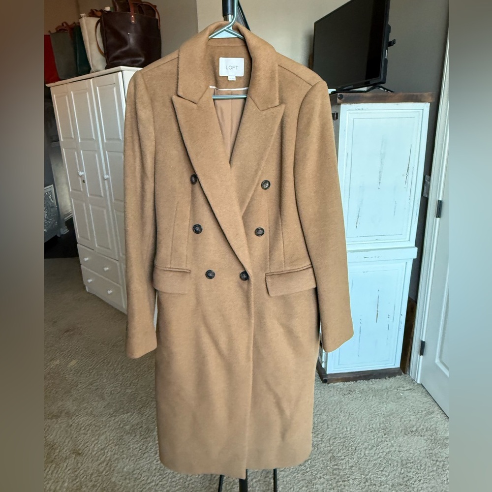 LOFT Women's Camel Double-Breasted Long Wool Trench Coat